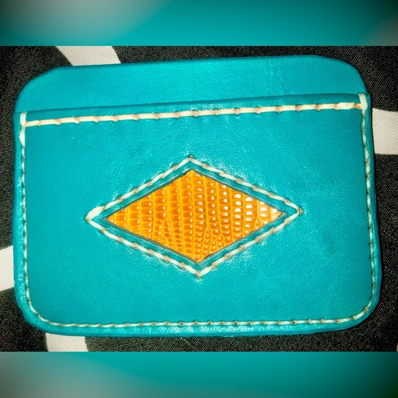 Hand Crafted Other - Handmade Teal Leather Minimal Wallet with Lizard Skin Inlay